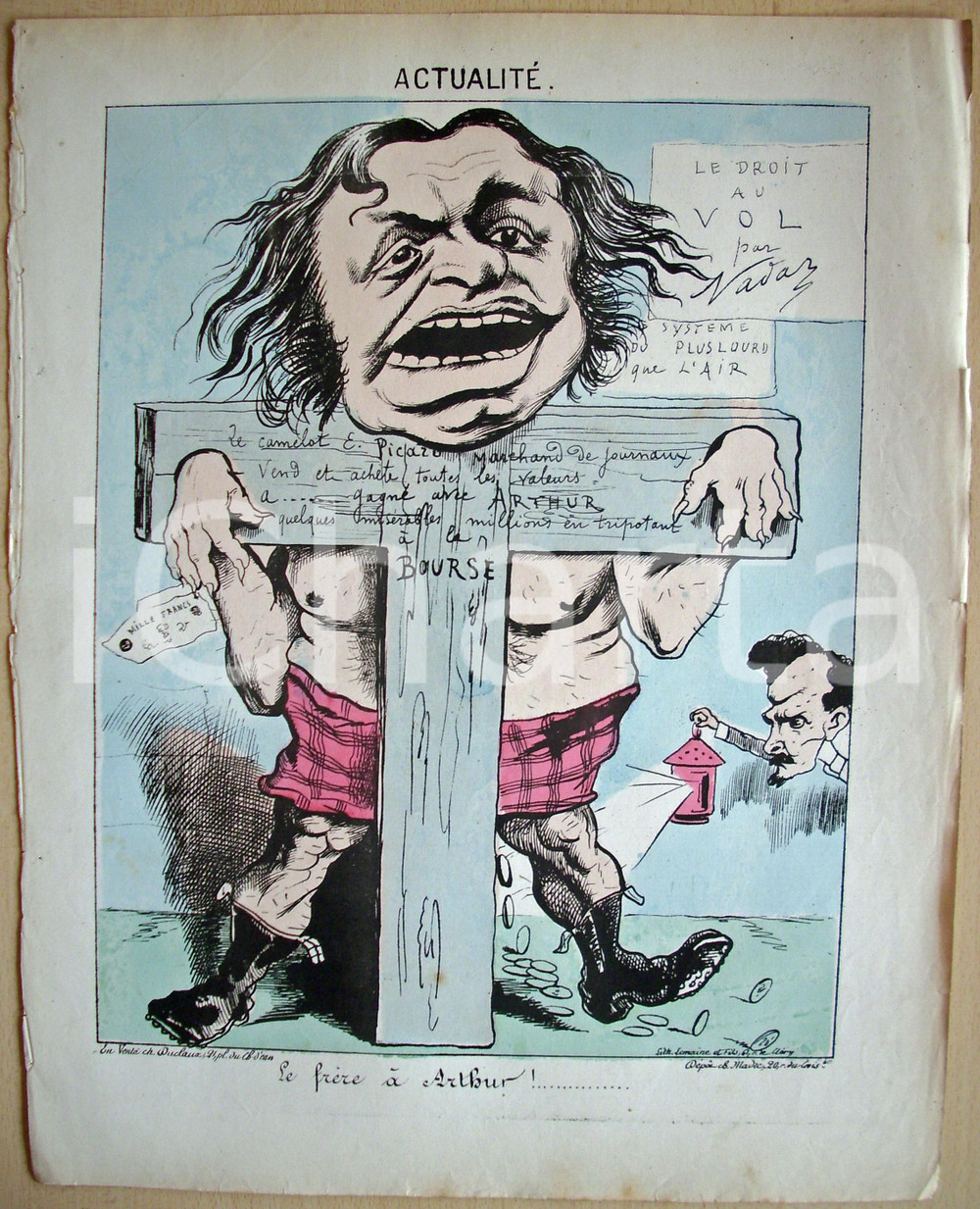 Stampa, bozzetto originale 1871 Caricatura Le droit au vol Illustratore NADAR 1