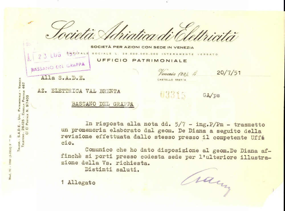 Manoscritto, lettera originale 1951 VENEZIA SOCIETA' ADRIATICA DI ELETTRICITA' Lettera per revisione effettuata 1