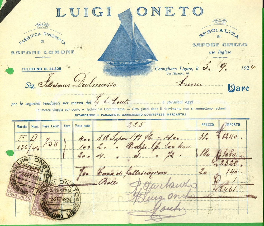 Documento originale, autentico 1924 GENOVA CORNIGLIANO Ditta Luigi ONETO Sapone Fattura ILLUSTRATA 1