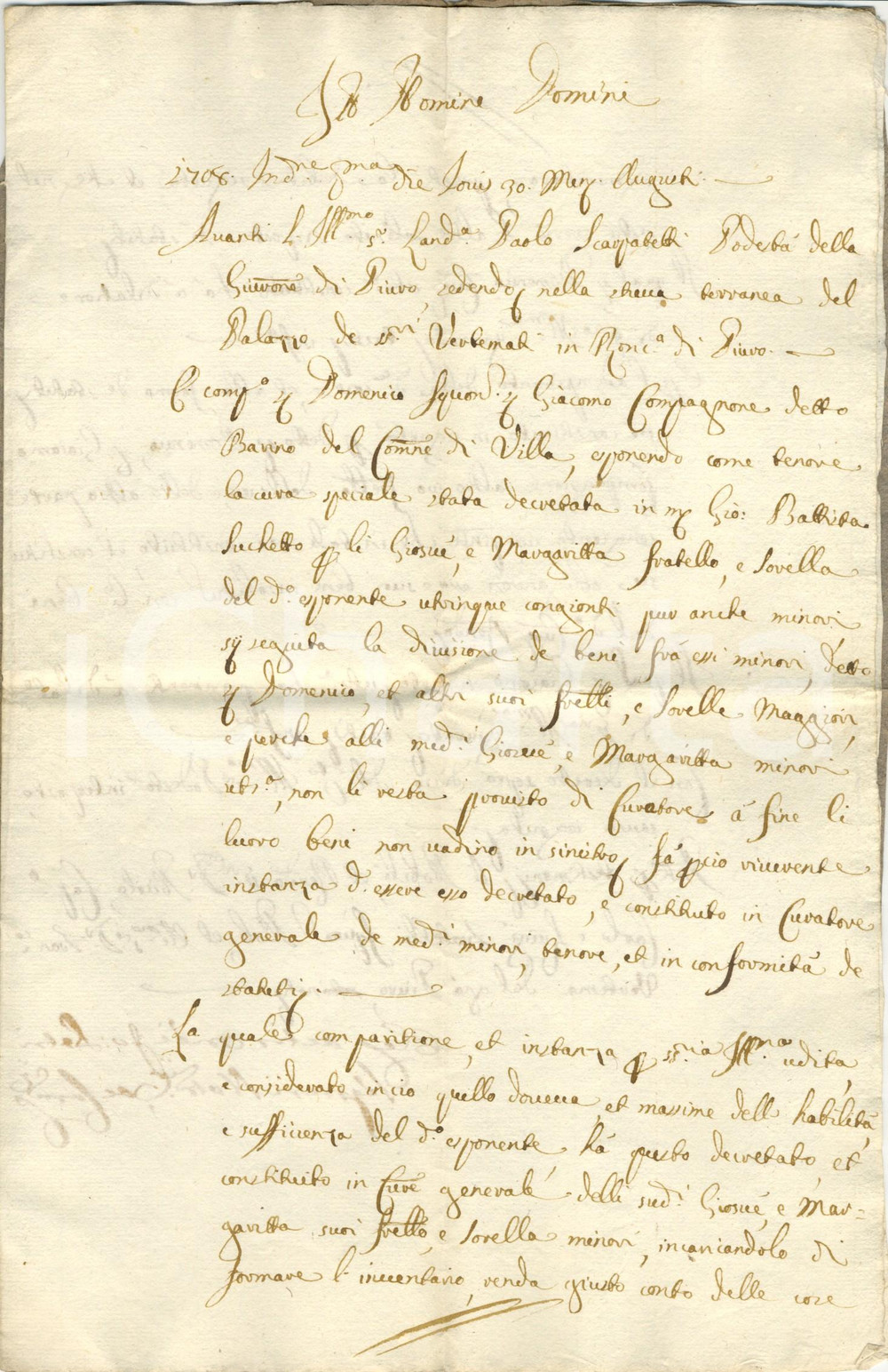 Documento originale, autentico 1708 VILLA DI CHIAVENNA (SO) Podestà Paolo SCARPATELLI tutela minori COMPAGNONE 1
