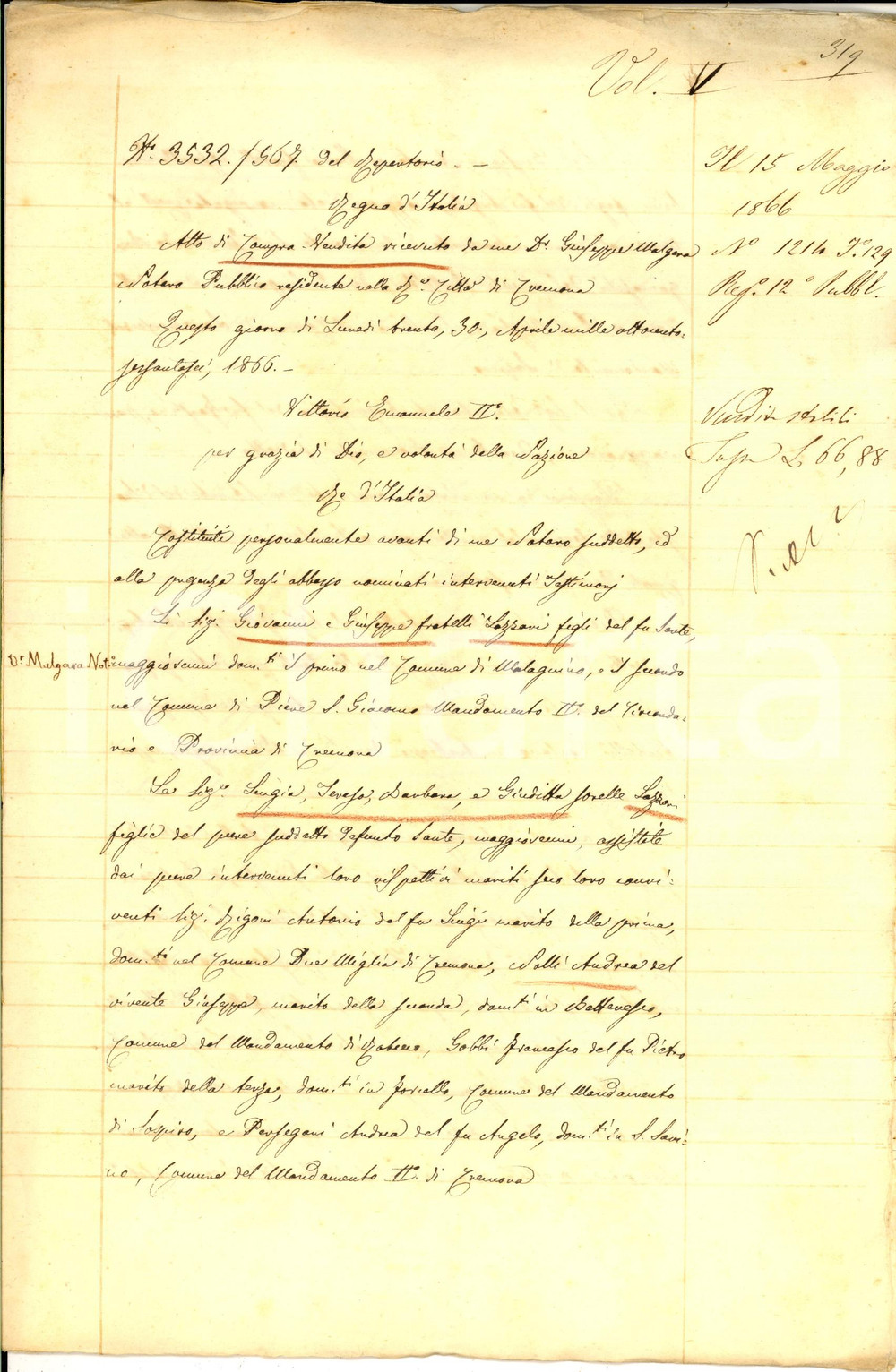 Documento originale, autentico 1866 DUEMIGLIA CREMONA Fratelli LAZZARI vendono parte casa ai fratelli AMBROSI 1