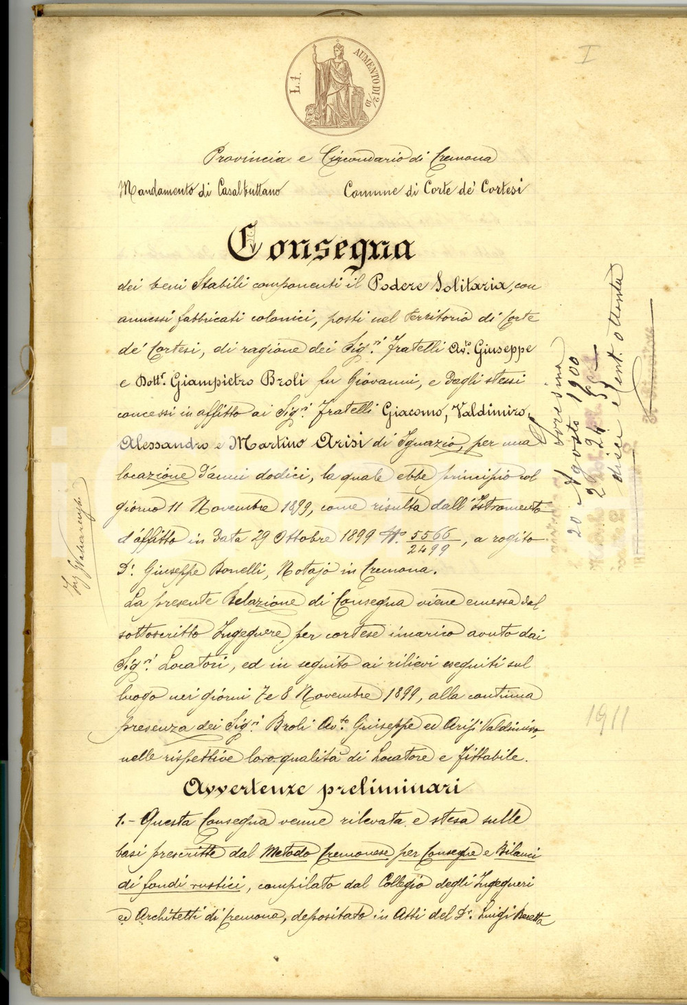 Documento originale, autentico 1899 CORTE DE  CORTESI CR Beni del podere SOLITARIA 1