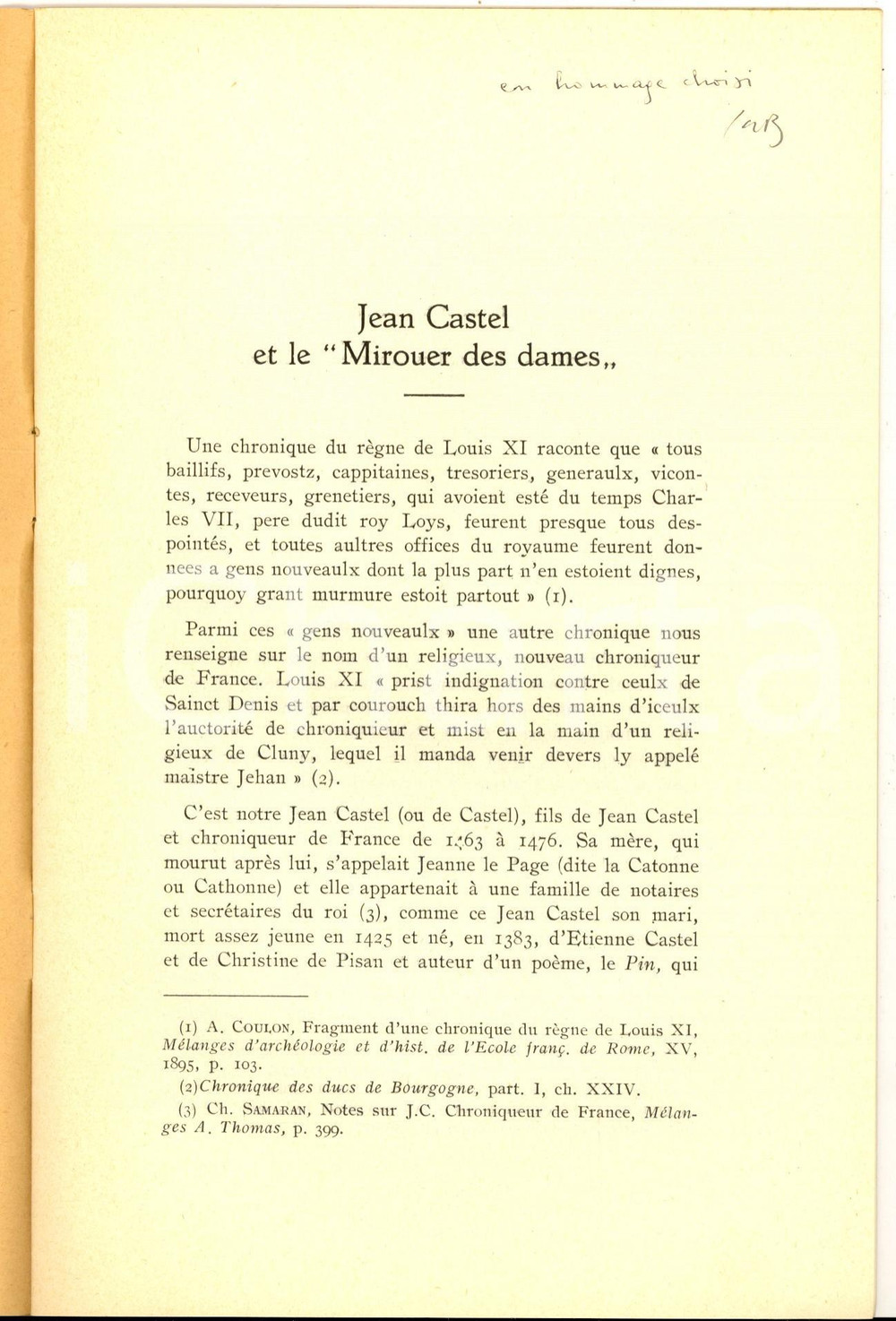 Libro, pubblicazione d epoca 1956 Giuseppe Antonio BRUNELLI Jean Castel et le Mirouer des dames AUTOGRAFO 1