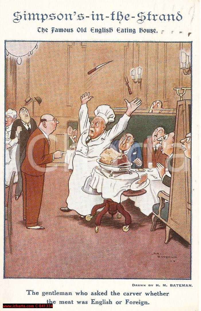 Cartolina originale da collezione 1930 LONDRA Caricatura SIMPSON'S-IN-THE-STRAND Bateman 1