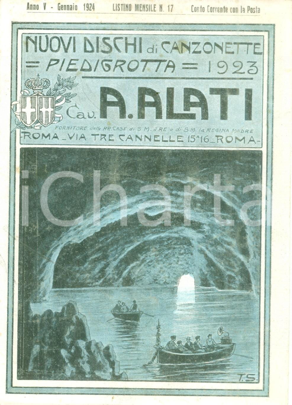 Materiale pubblicitario d’epoca Gennaio 1924 ROMA Ditta Cav. ALATI Canzonette PIEDIGROTTA Listino ILLUSTRATO 1