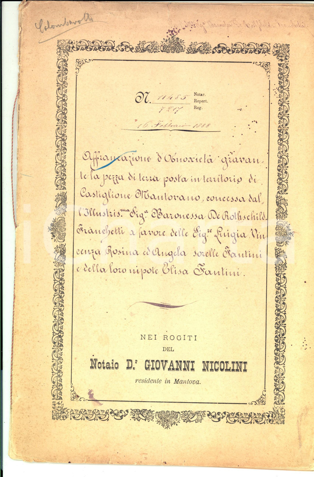 Documento originale, autentico 1888 CASTIGLIONE MANTOVANO Terre baronessa ROTSCHILD pro sorelle FANTINI 1