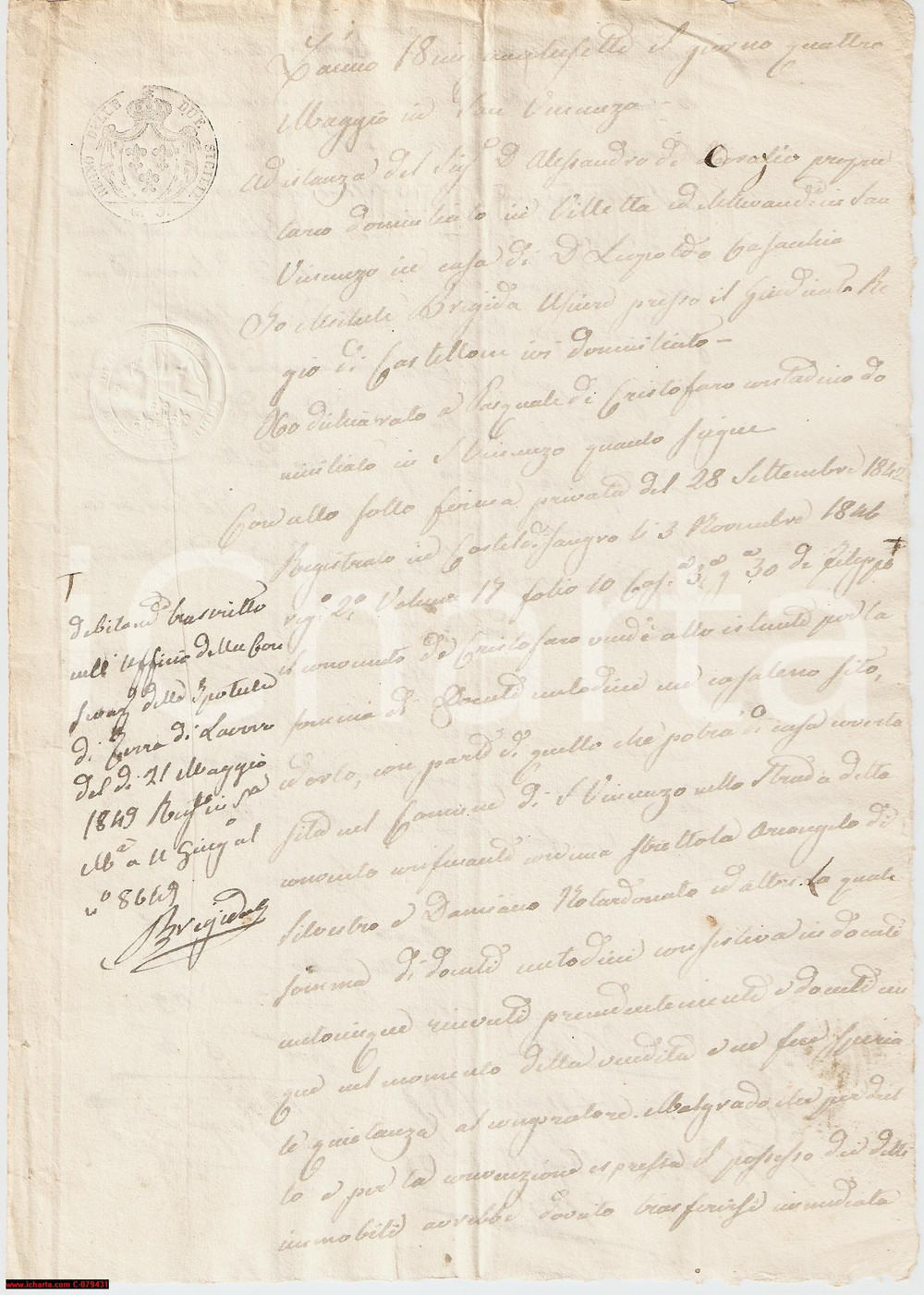 Manoscritto, lettera originale 1857 CASTEL SAN VINCENZO Vendita Pasquale DE CRISTOFARO 1