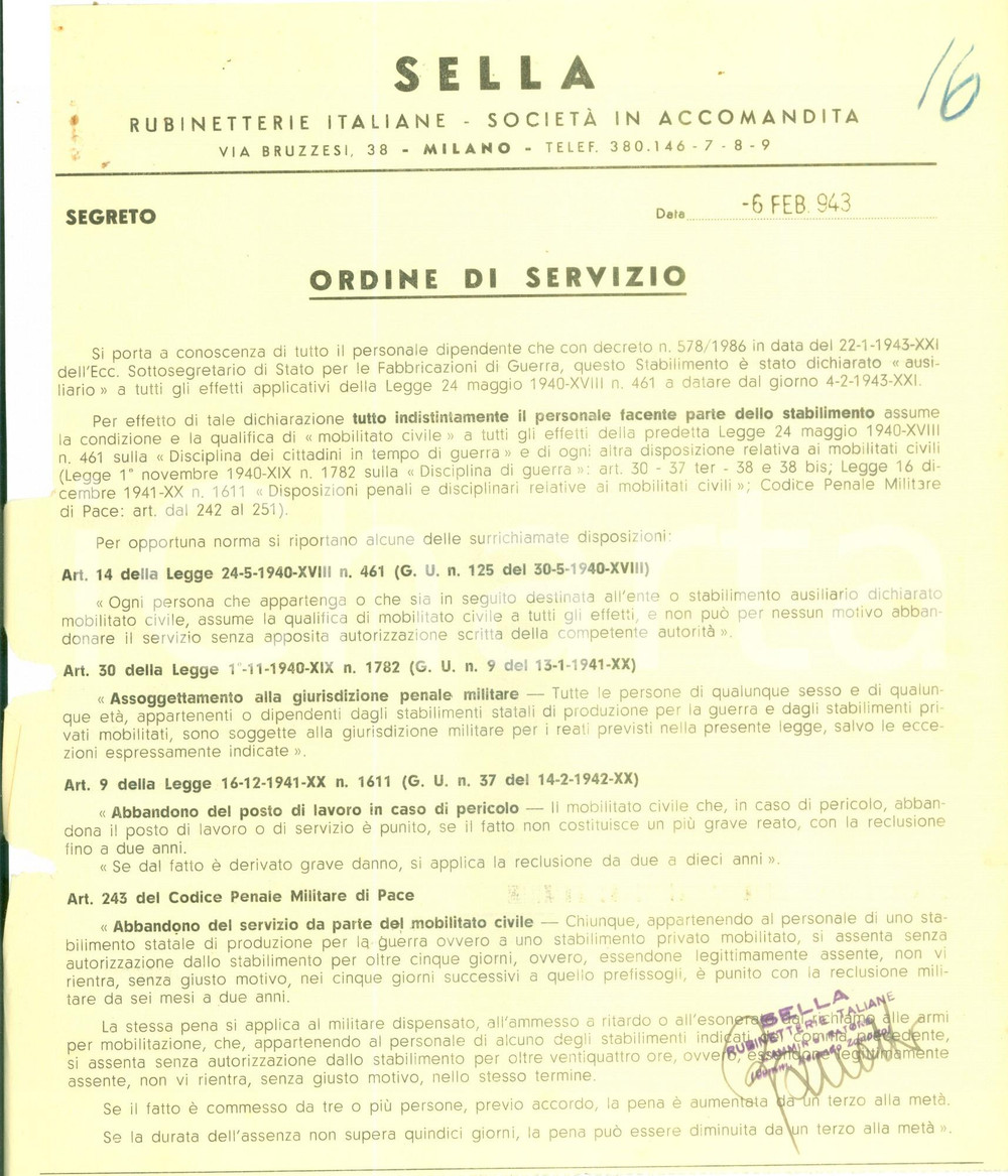 Documento originale, autentico 1943 MILANO WW2 Rubinetterie italiane SELLA Ordine di servizio DANNEGGIATO 1