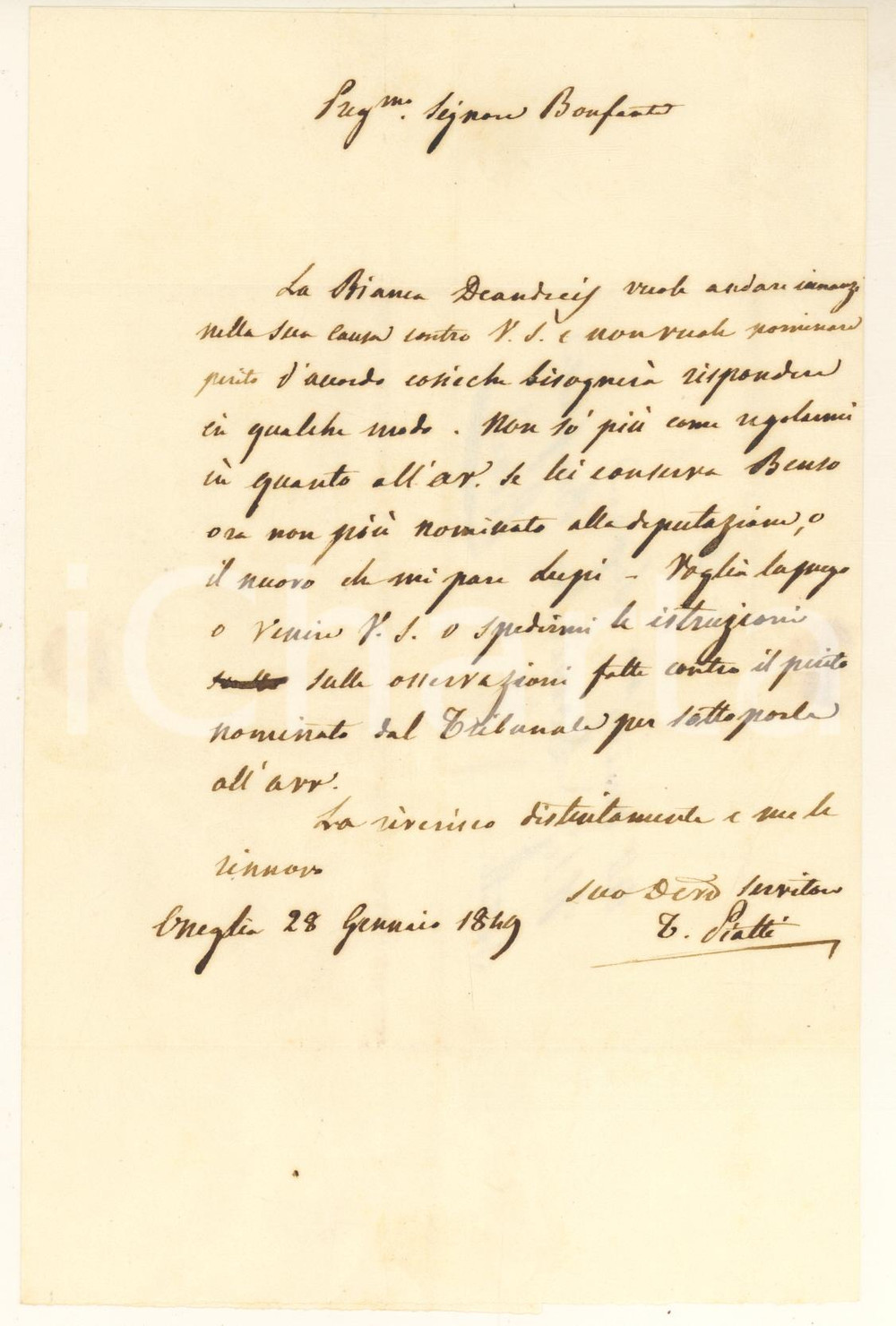 Manoscritto, lettera originale 1849 ONEGLIA (IM) Bianca DE ANDREIS ostinata nella sua causa *Lettera 1