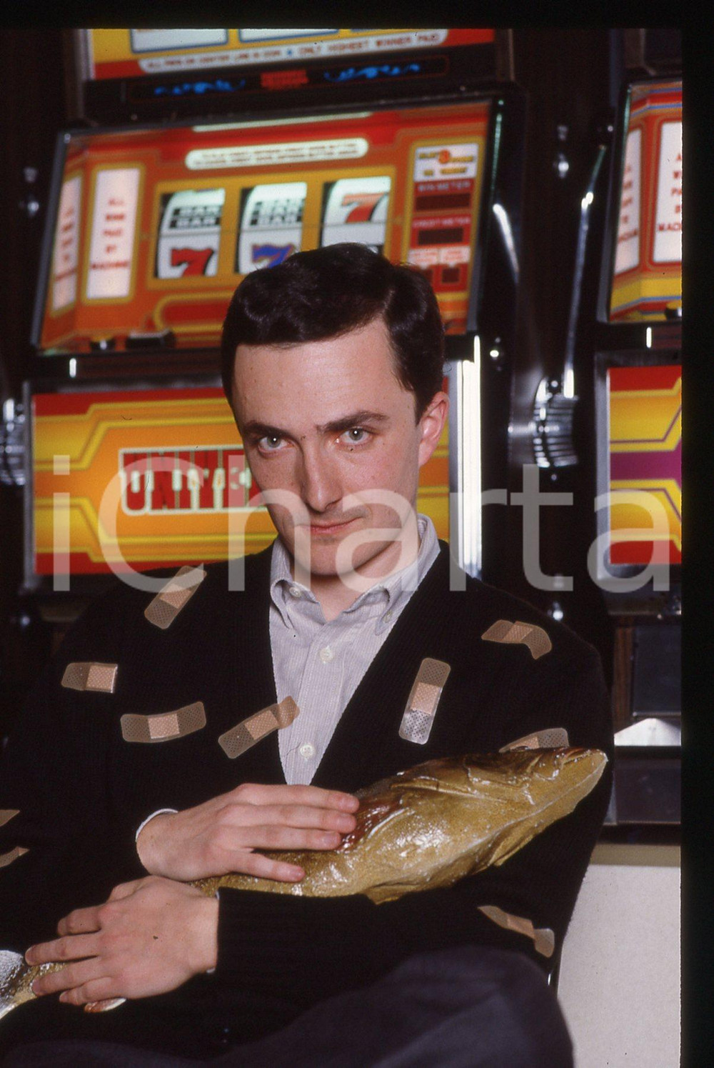35mm vintage slide*1990ca COSTUME Daniele LUTTAZZI con pesce imbalsamato