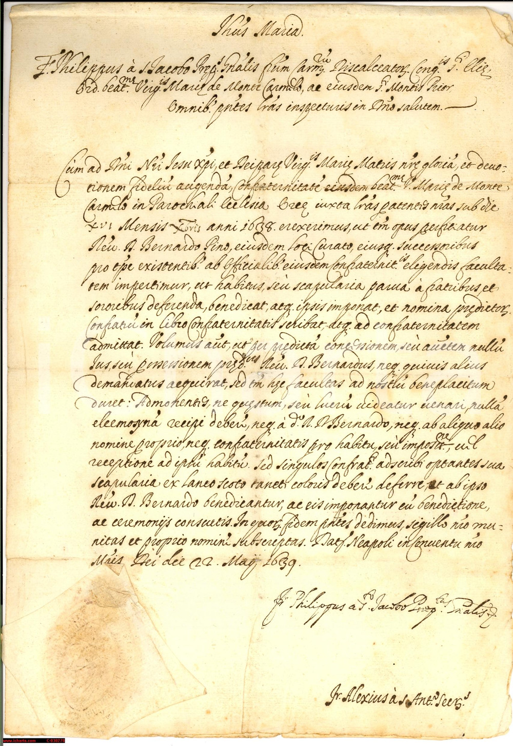 Documento originale, autentico 1639 NAPOLI Bernardo PINO a Confraternita MONTE CARMELO 1