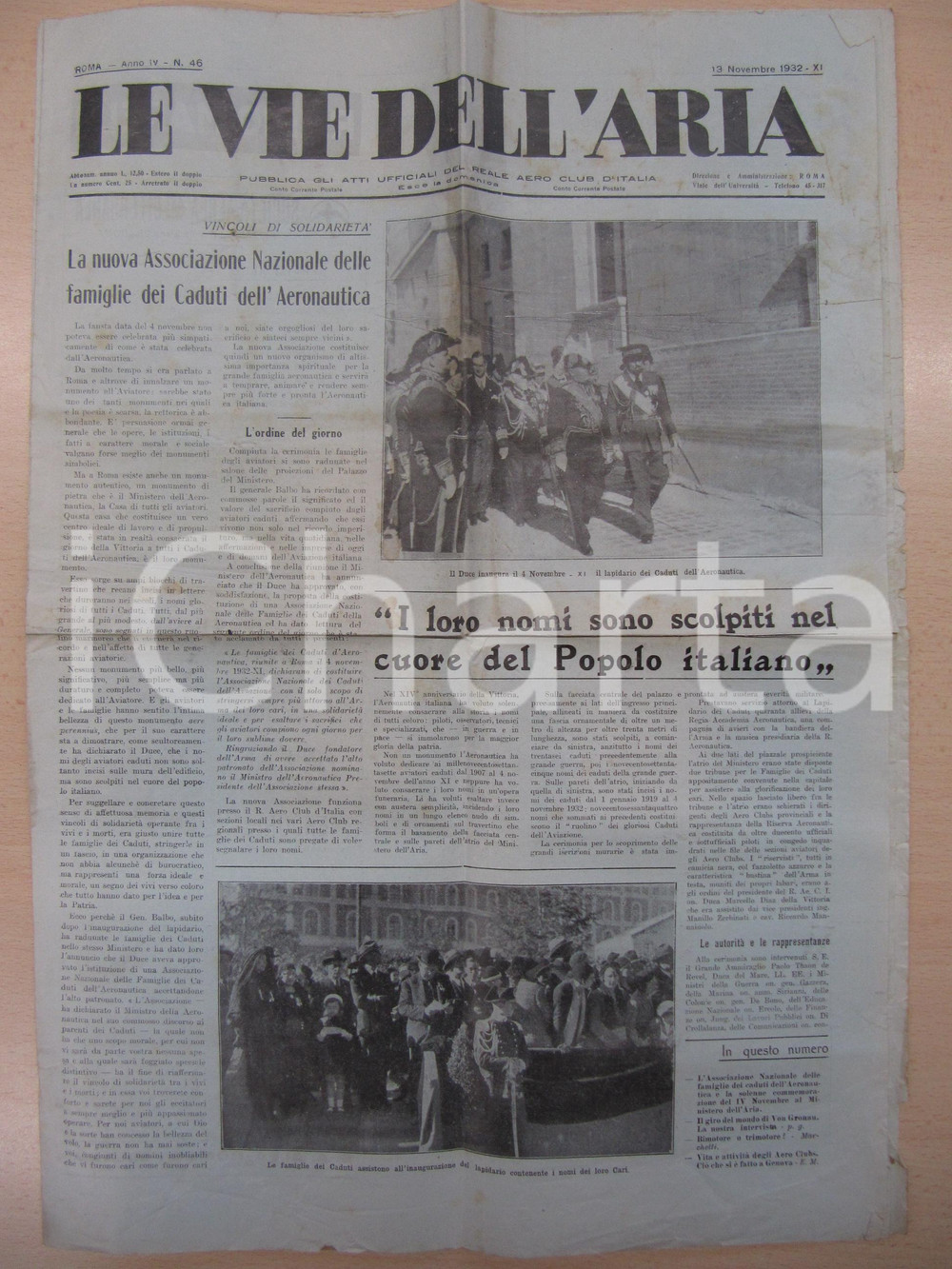Giornale, rivista storica 1932 LE VIE DELL ARIA Nascita Associazione Famiglie Caduti AERONAUTICA 1
