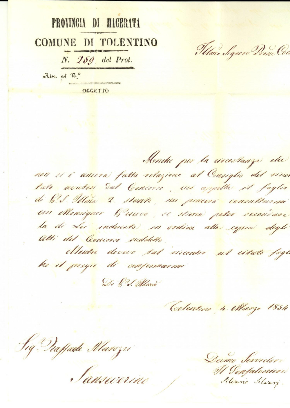Manoscritto, lettera originale 1854 TOLENTINO MC Silverio SILVERI si consulta con il vescovo per un concorso 1