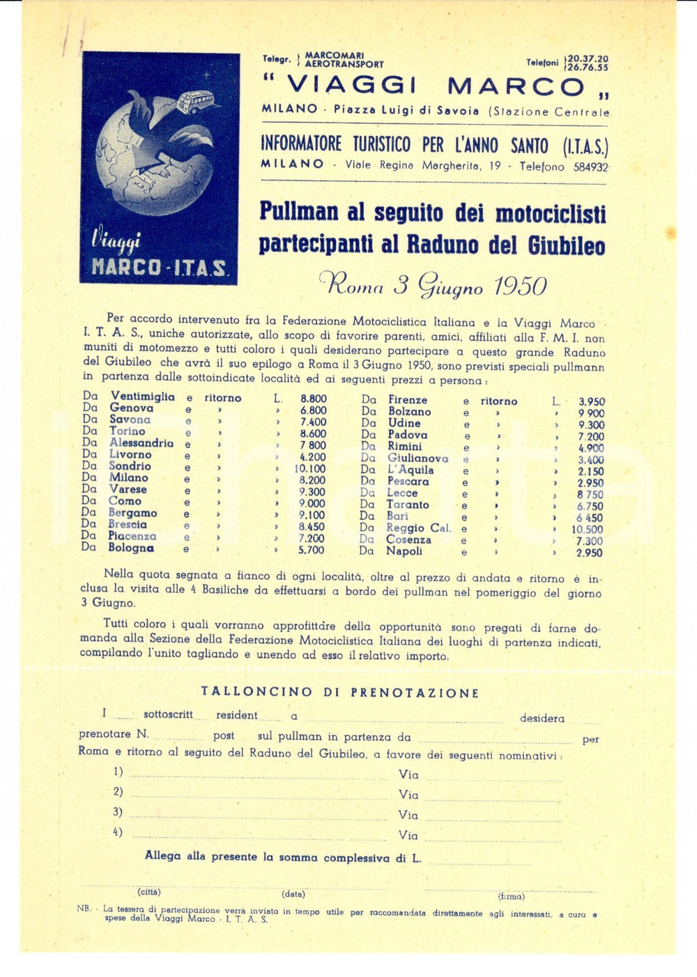 Documento originale, autentico 1950 MILANO Pullman motociclisti Giubileo VIAGGI MARCO  Volantino 1