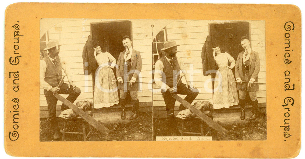 1905 ca USA COMICS AND GROUPS Rejected Swell - Vintage Stereoview n° 2 Fotografia stereoscopica d'epoca, su cartoncino.FORMATO: 18x9 cmCONDIZIONI: F (lievi macchie)    originale e autentica 1