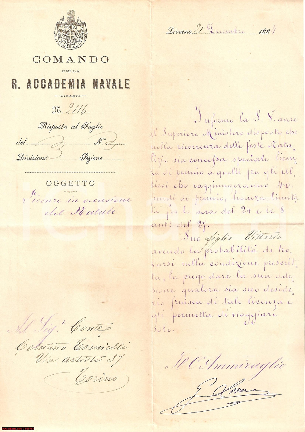 Documento originale, autentico 1884 LIVORNO Accademia Navale Licenza conte TORNIELLI 1