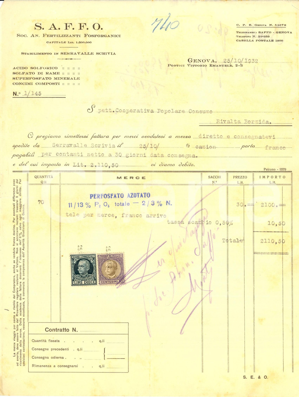 Documento originale, autentico 1932 GENOVA SocietÃ  Anonima Fertilizzanti Fosforganici S.A.F.F.O. Fattura 1