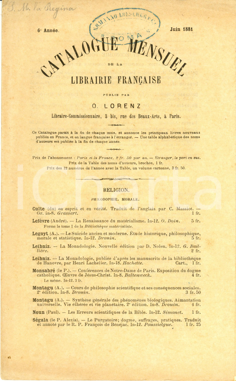 Libro, pubblicazione d'epoca Juin 1881 PARIS Libraire OTTO LORENZ Catalogue mensuel de la librairie française 1