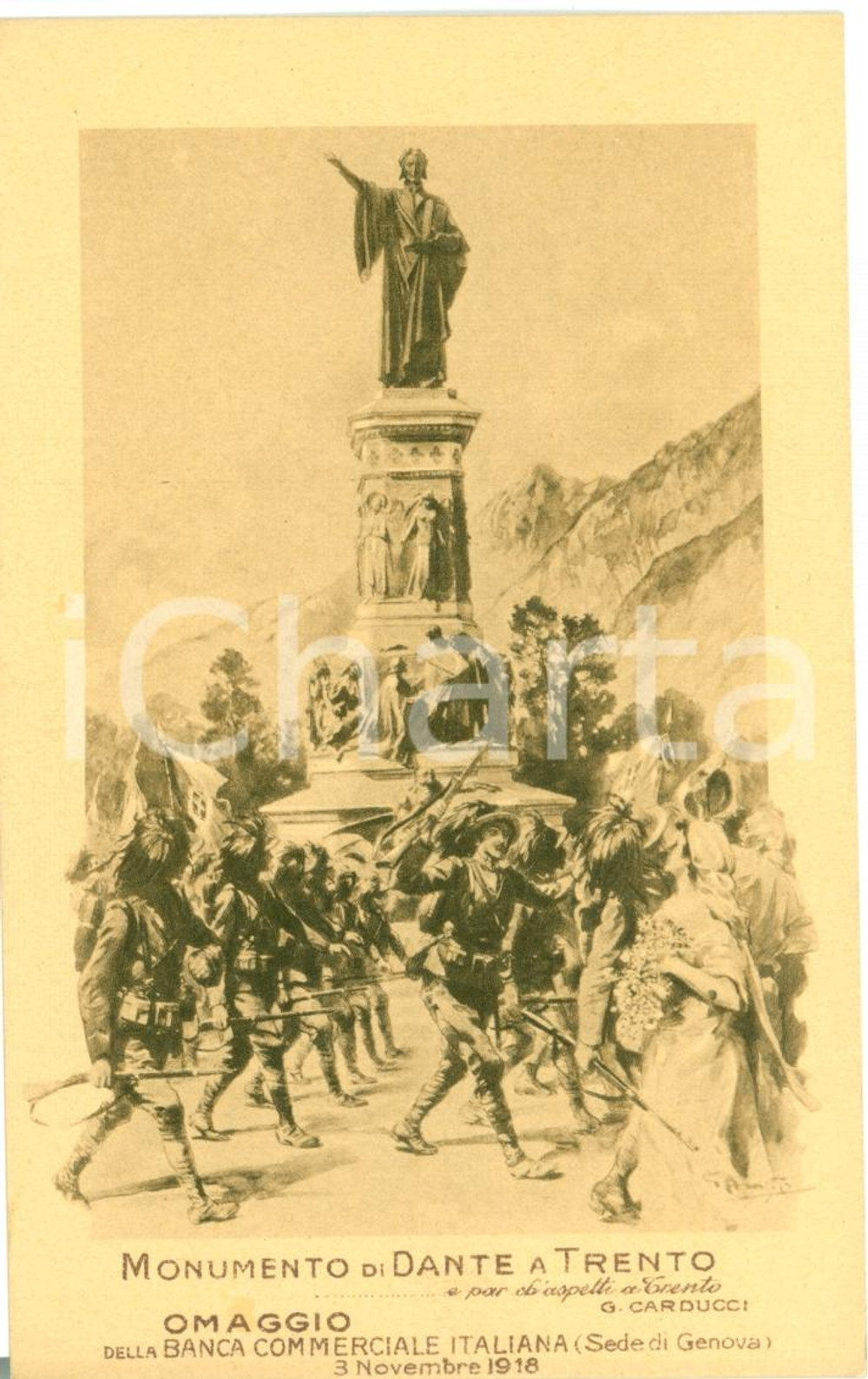 Cartolina originale da collezione 1920 ca BANCA COMMERCIALE ITALIANA Monumento a Dante a TRENTO Illustrata 1