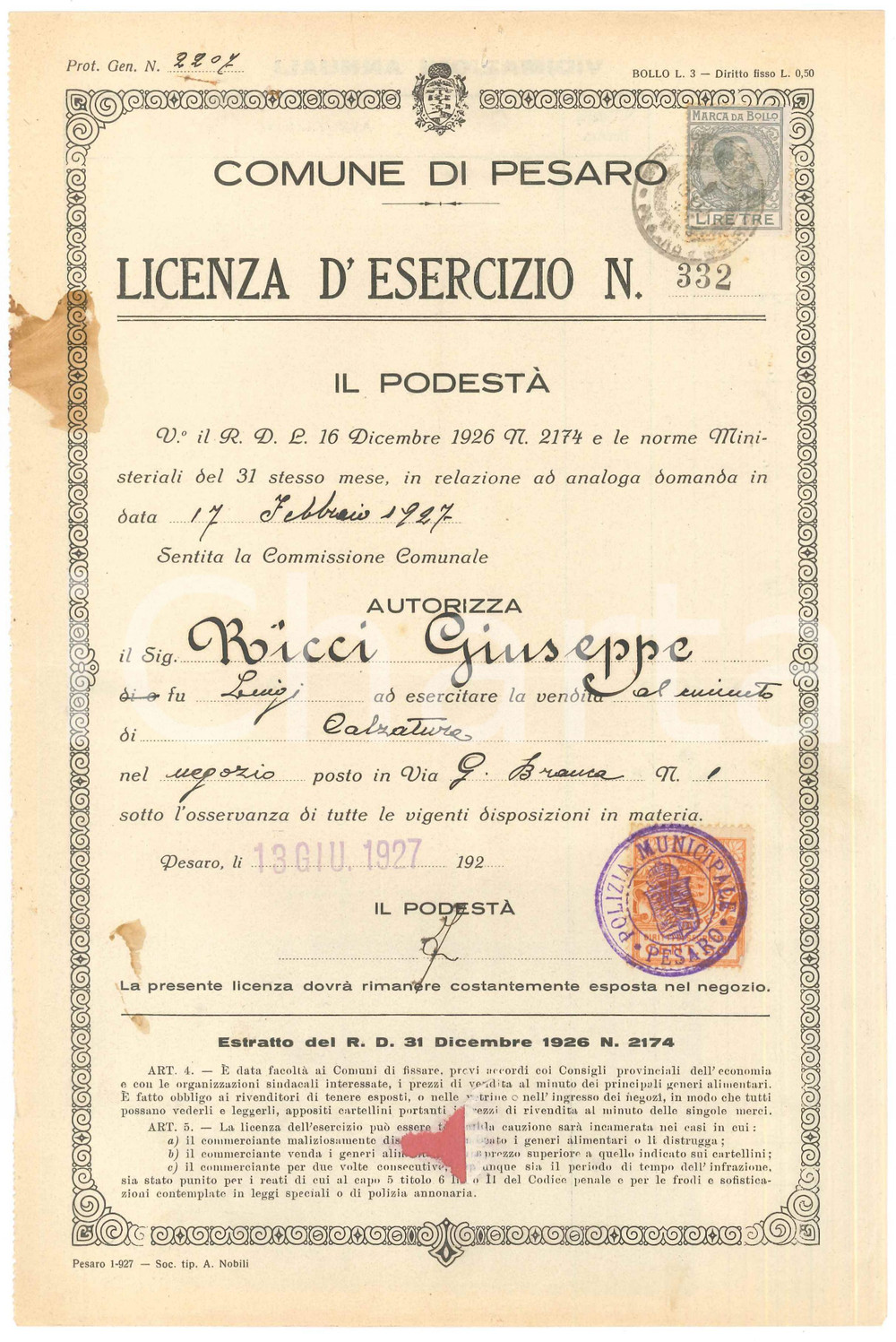 Documento originale, autentico 1927 PESARO Licenza d esercizio a Giuseppe RICCI  Negozio calzature via Branca 1