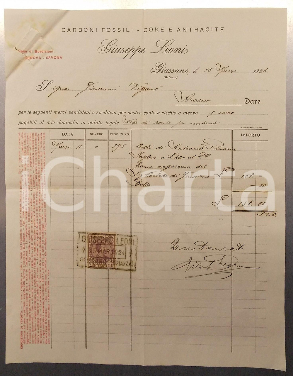 1924 GIUSSANO (MB) Giuseppe LEONI - Carboni fossili *Fattura su carta intestata 