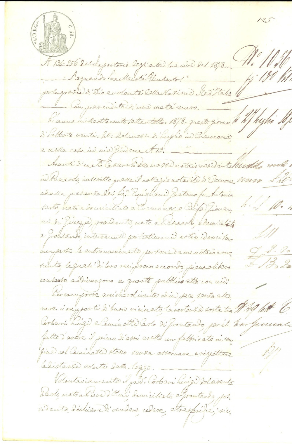 Documento originale, autentico 1878 GRONTARDO CR Luigi CORBARI vende metÃ  di un muro a Carlo COMINETTI 1