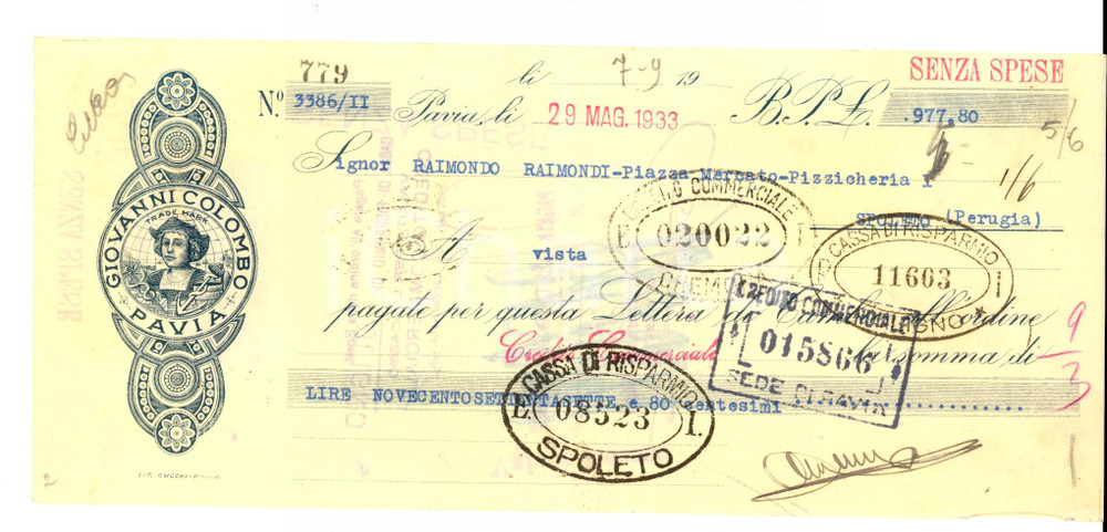 Oggetto da collezione cartaceo 1933 PAVIA Ditta Giovanni COLOMBO Assegno pubblicitario Documento 1