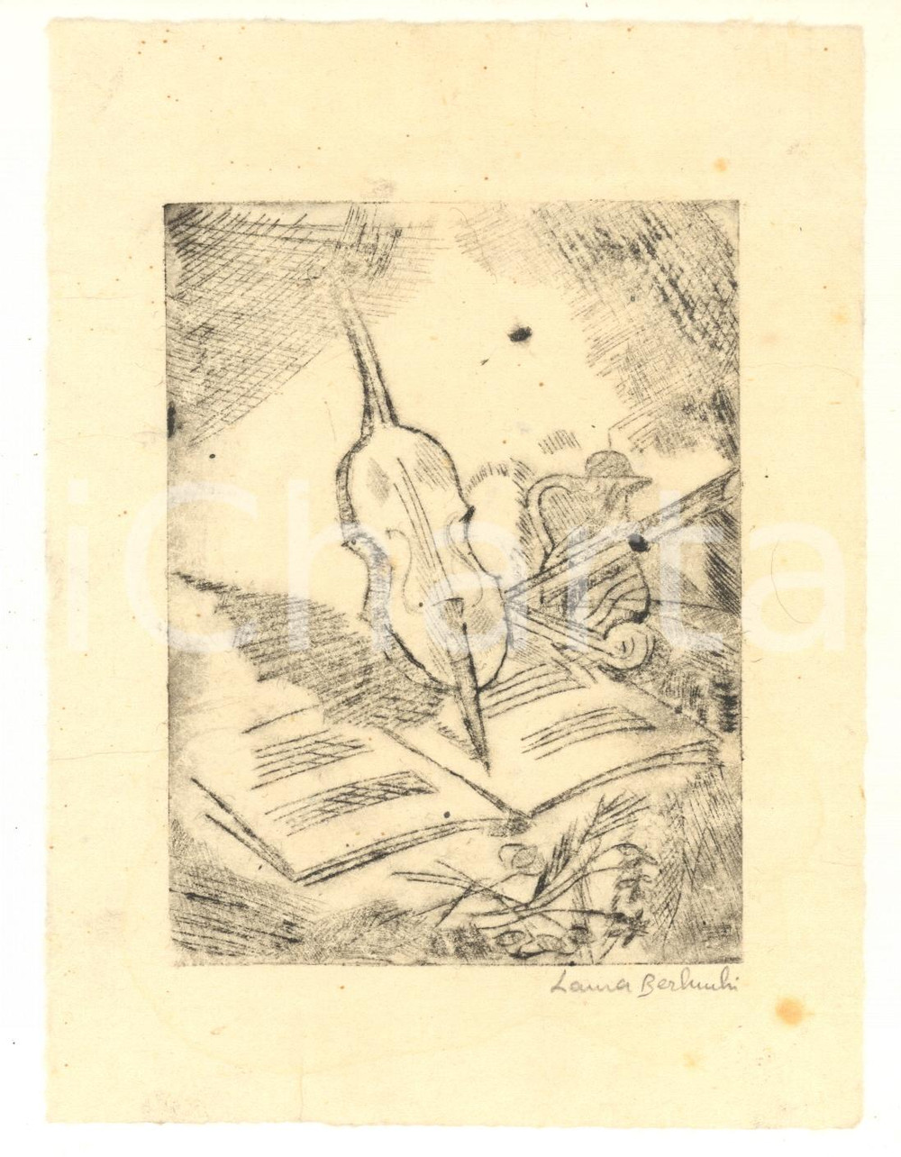 Opera d’arte autentica 1985 ARTE BRESCIA Laura BERLUCCHI  Violoncello  Incisione 13x17 cm 1