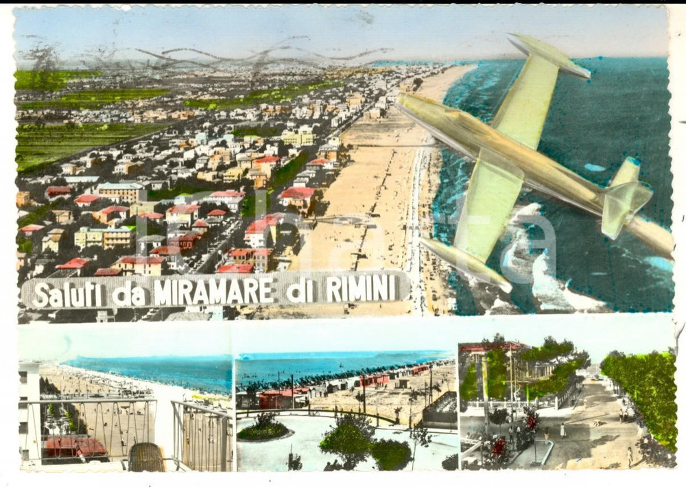 Cartolina originale da collezione 1960 MIRAMARE DI RIMINI Vedutine con spiaggia e aereo Cartolina postale  FG VG 1