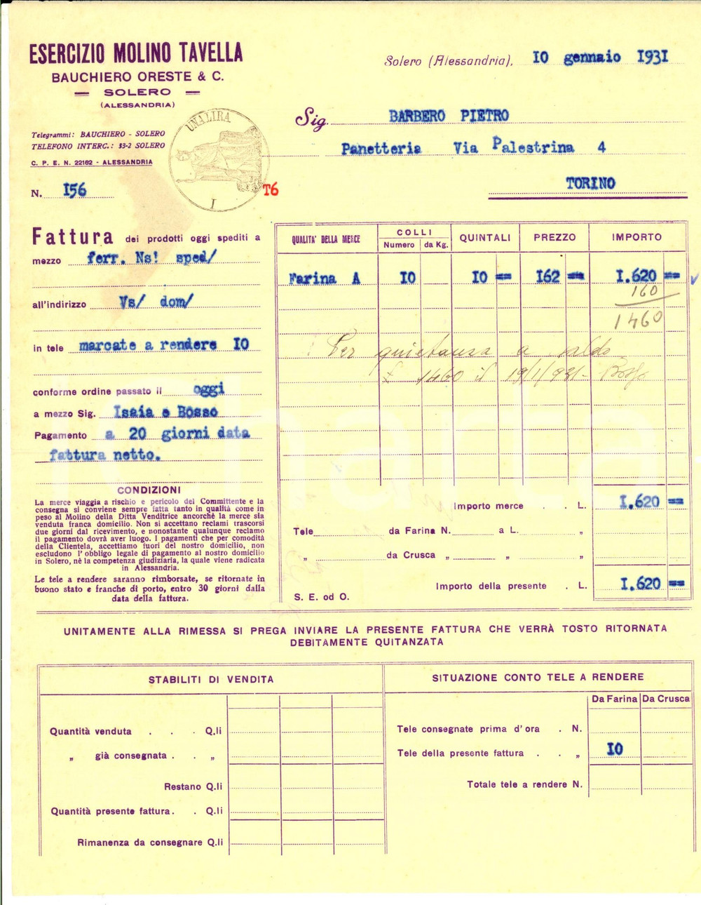 Documento originale, autentico 1931 SOLERO AL Molino TAVELLA di Oreste BAUCHIERO Fattura intestata 1