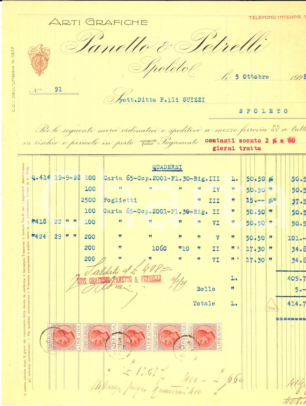 Documento originale, autentico 1928 SPOLETO Arti grafiche PANETTO E PETRELLI Fattura intestata per carta 1