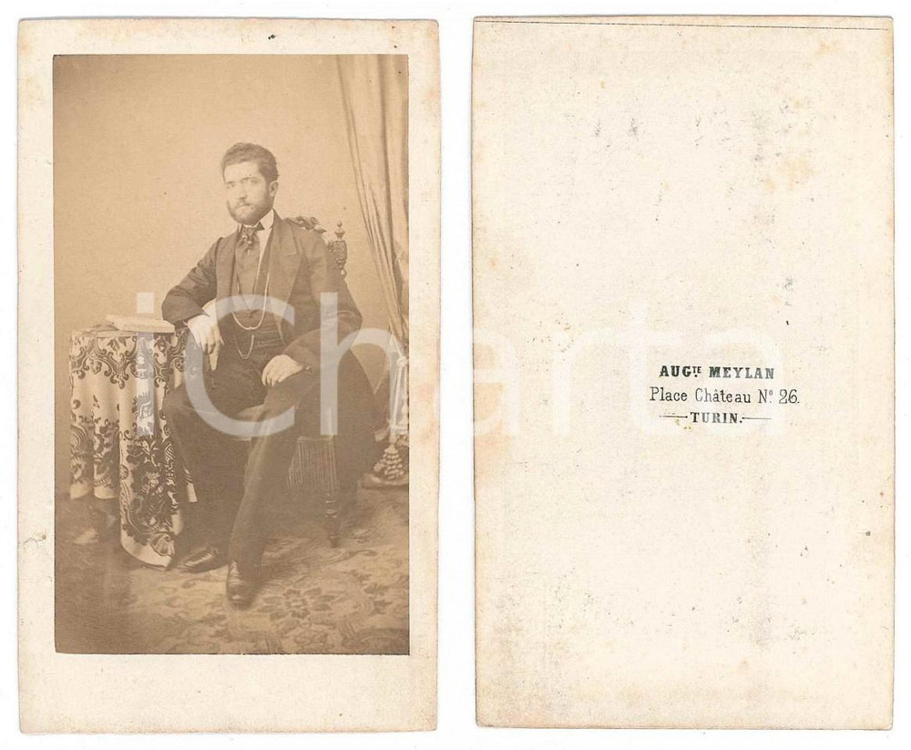 Fotografia d epoca originale 1870 ca TORINO Ritratto di giovane uomo seduto Foto A. MEYLAN  CDV 1