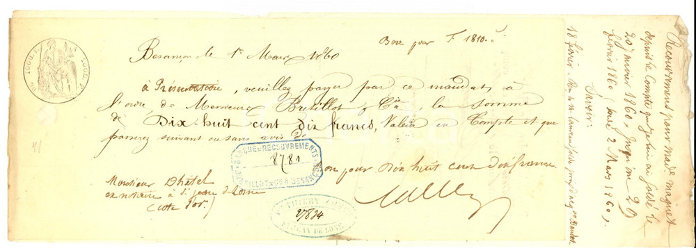 Oggetto da collezione cartaceo 1860 BESANCON Cambiale all ordine di M. THIERY presso banca BRETILLOT & CIE 1