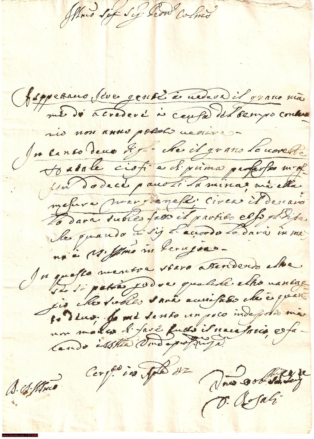 Manoscritto, lettera originale 1742 CERQUETO PG Domenico ROSATI su prezzo e venidta di grano Lettera 1
