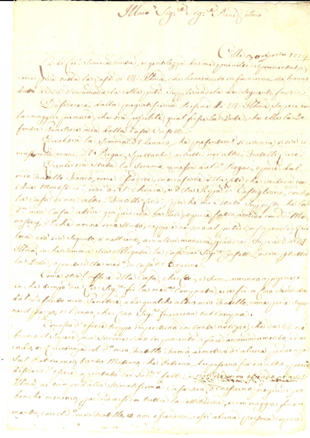 Manoscritto, lettera originale 1774 COLLE VAL D ELSA SI Canonico Pietro LUCI indaga su dote madre defunta 1