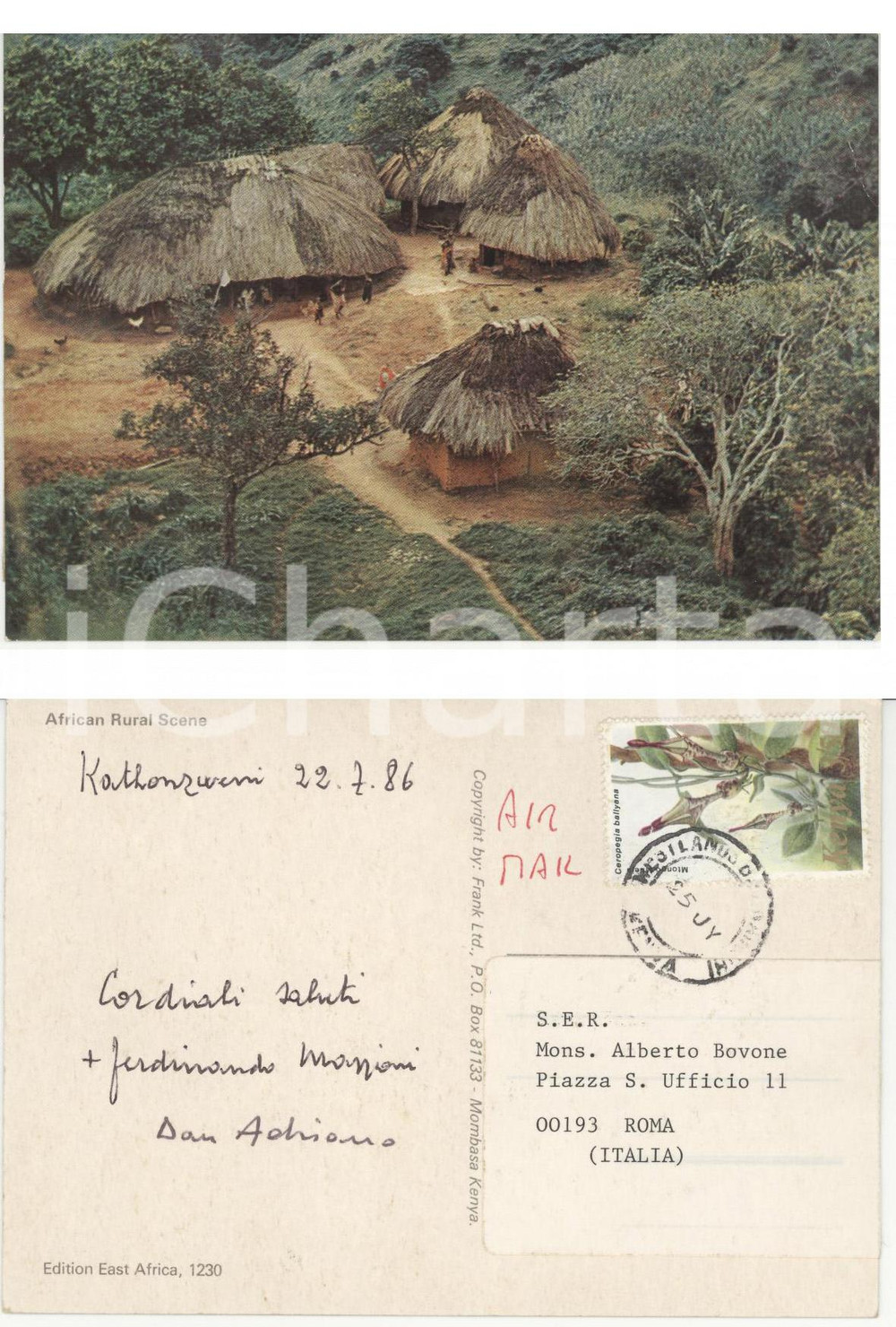 Autografo originale 1986 KATHONZWENI Kenya Mons. FERDINANDO MAGGIONI Autografo 1