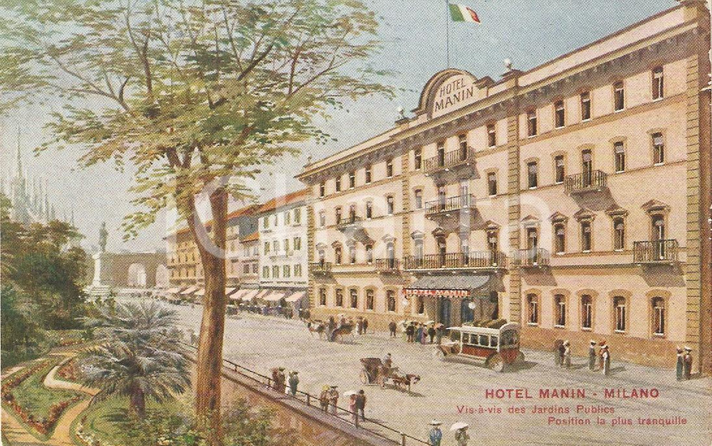 Cartolina originale da collezione 1930 ca MILANO Hotel MANIN visto dai Giardini Cartolina ILLUSTRATA FP NV 1