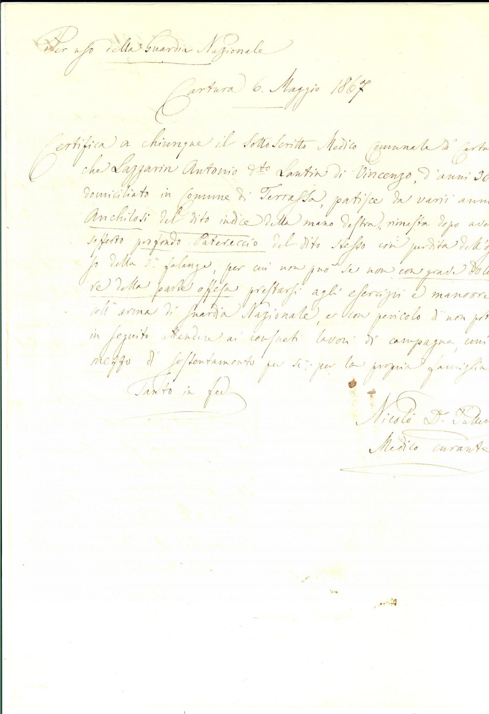 Documento originale, autentico 1867 CARTURA PD Antonio LAZZARIN sofferente di anchilosi del dito indice 1