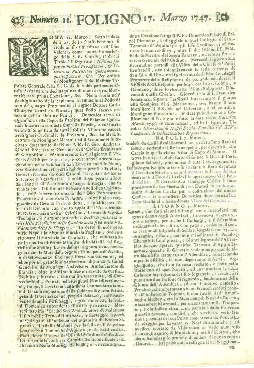 Giornale, rivista storica 1747 GIORNALE DI FOLIGNO n. 11 Austriaci incendiano villaggi a GENOVA e LIVORNO 1