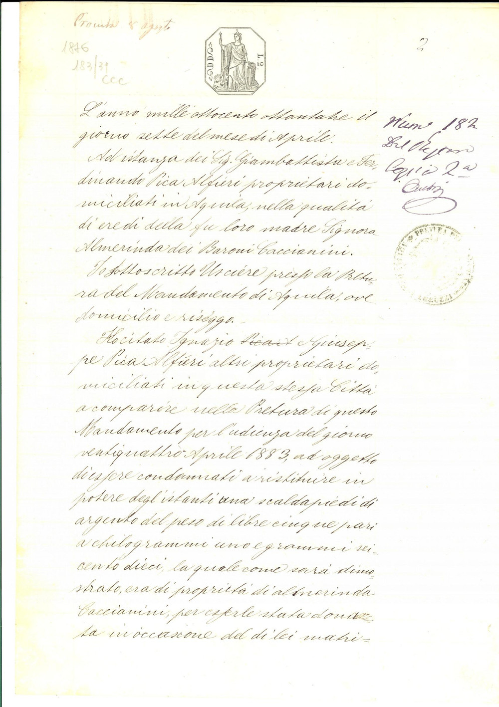 Documento originale, autentico 1883 L AQUILA Ignazio e Giuseppe PICA citati per furto di scaldapiedi d argento 1