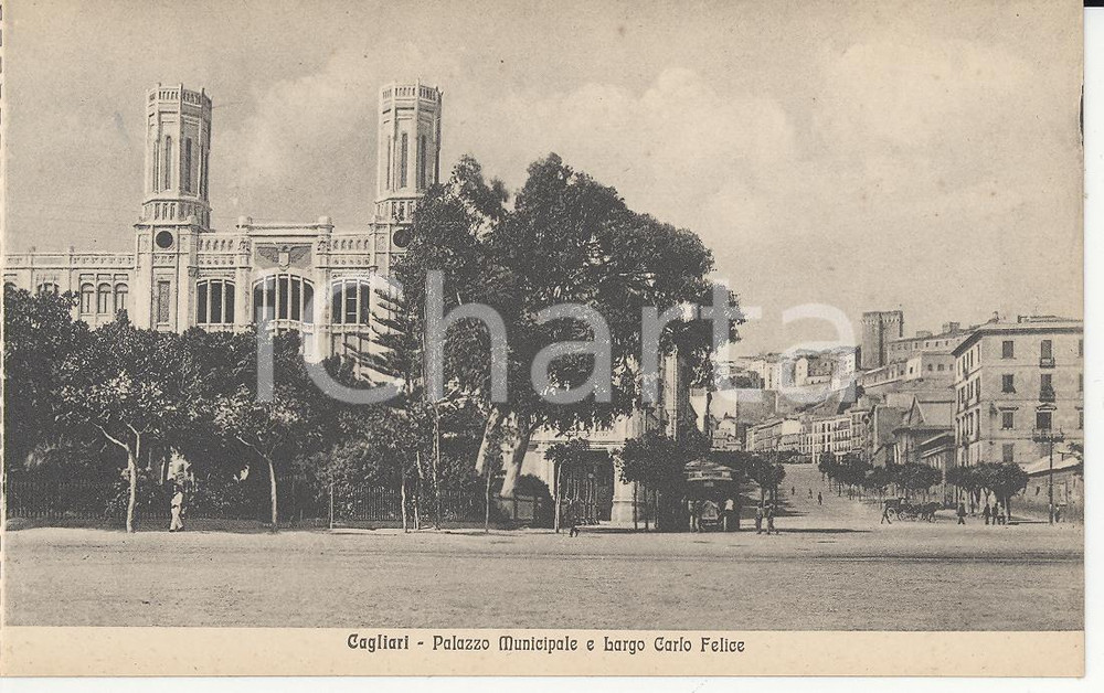 Cartolina originale da collezione 1915 ca CAGLIARI Palazzo Municipale e Largo Carlo Felice Cartolina ANIMATA FP 1