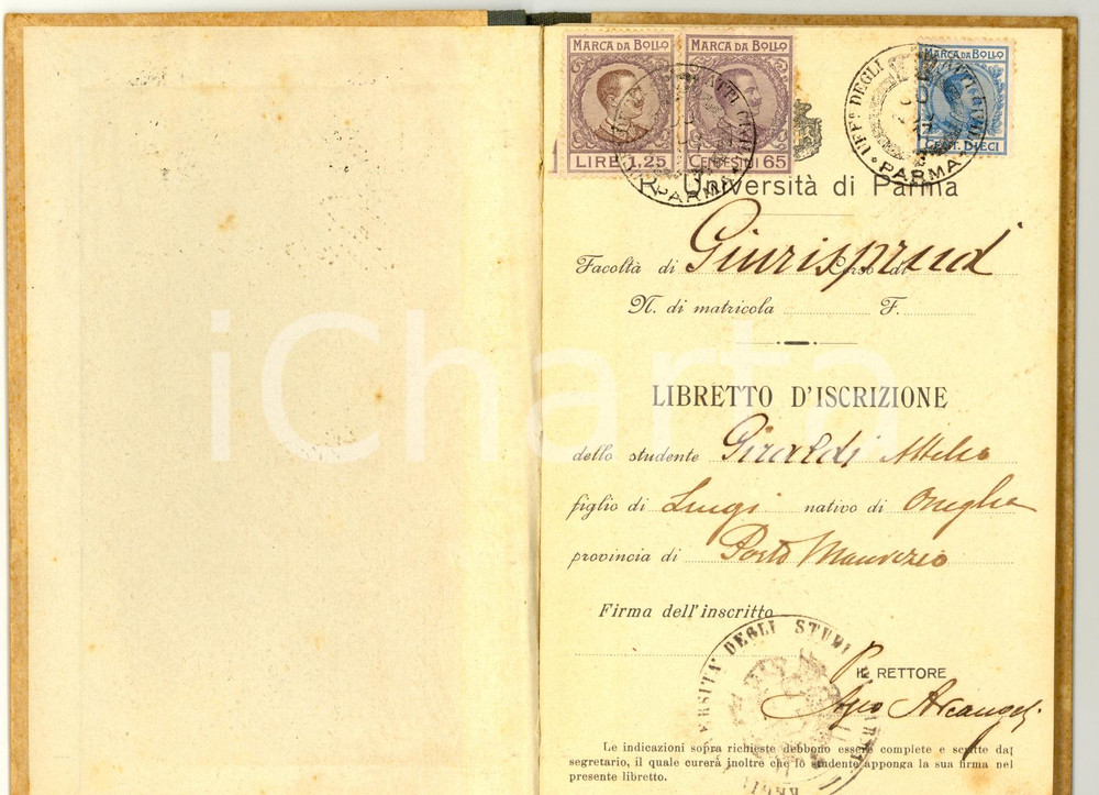 Documento originale, autentico 1917 PAVIA Libretto universitario Giurisprudenza Attilio GIRALDI 1