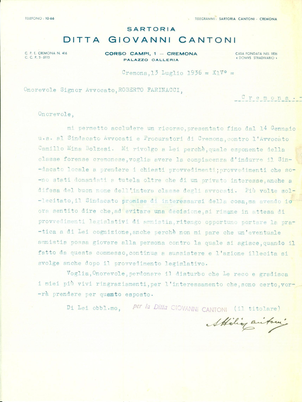 Documento originale, autentico 1936 CREMONA Sarto Attilio CANTONI a Roberto FARINACCI vs Camillo MINA BOLZESI 1