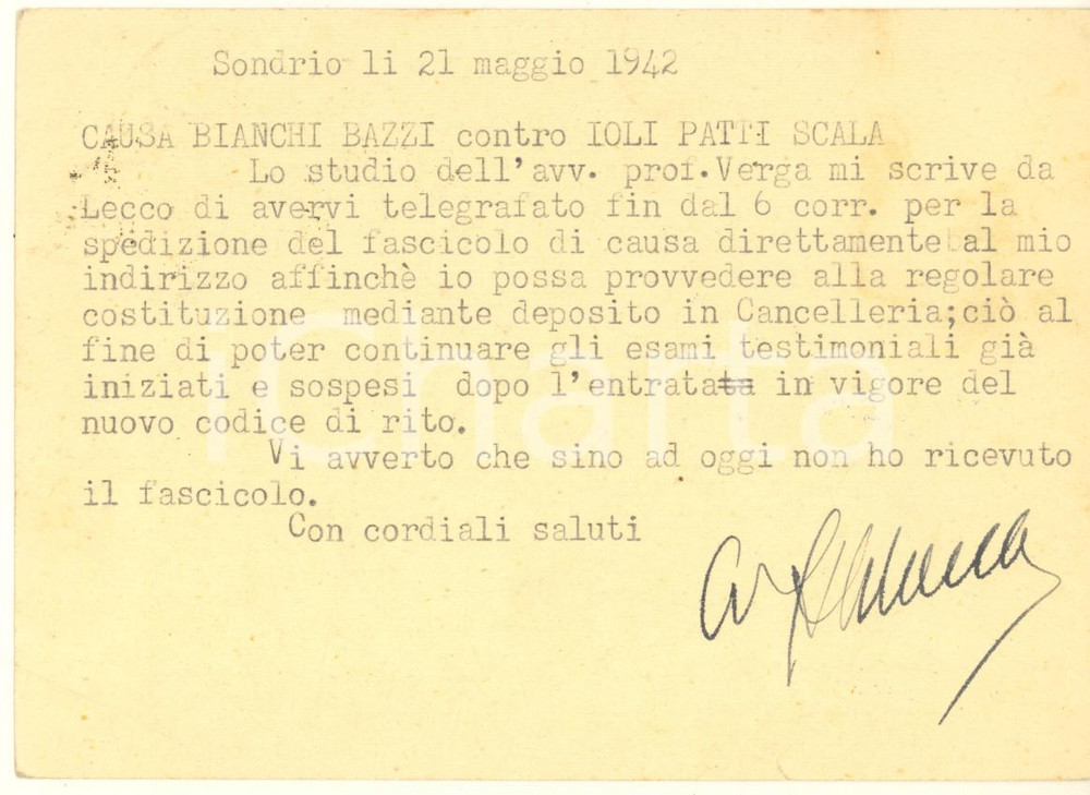 Cartolina originale da collezione 1942 SONDRIO Avvocato Angelo SCHENA  Cartolina intestata per causa 1