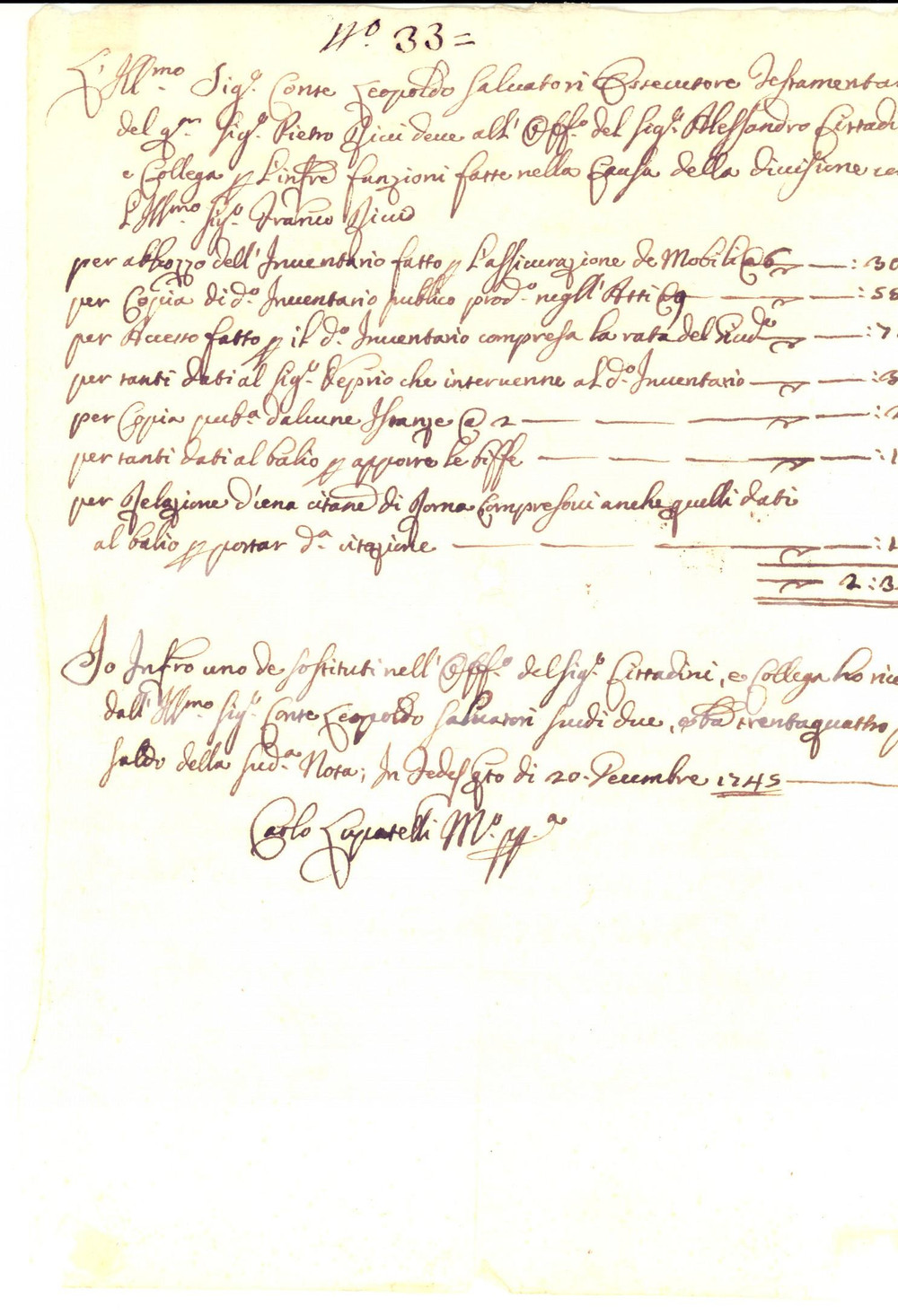 Documento originale, autentico 1745 PERUGIA ? Conto spese legali di Alessandro CITTADINI Manoscritto 1