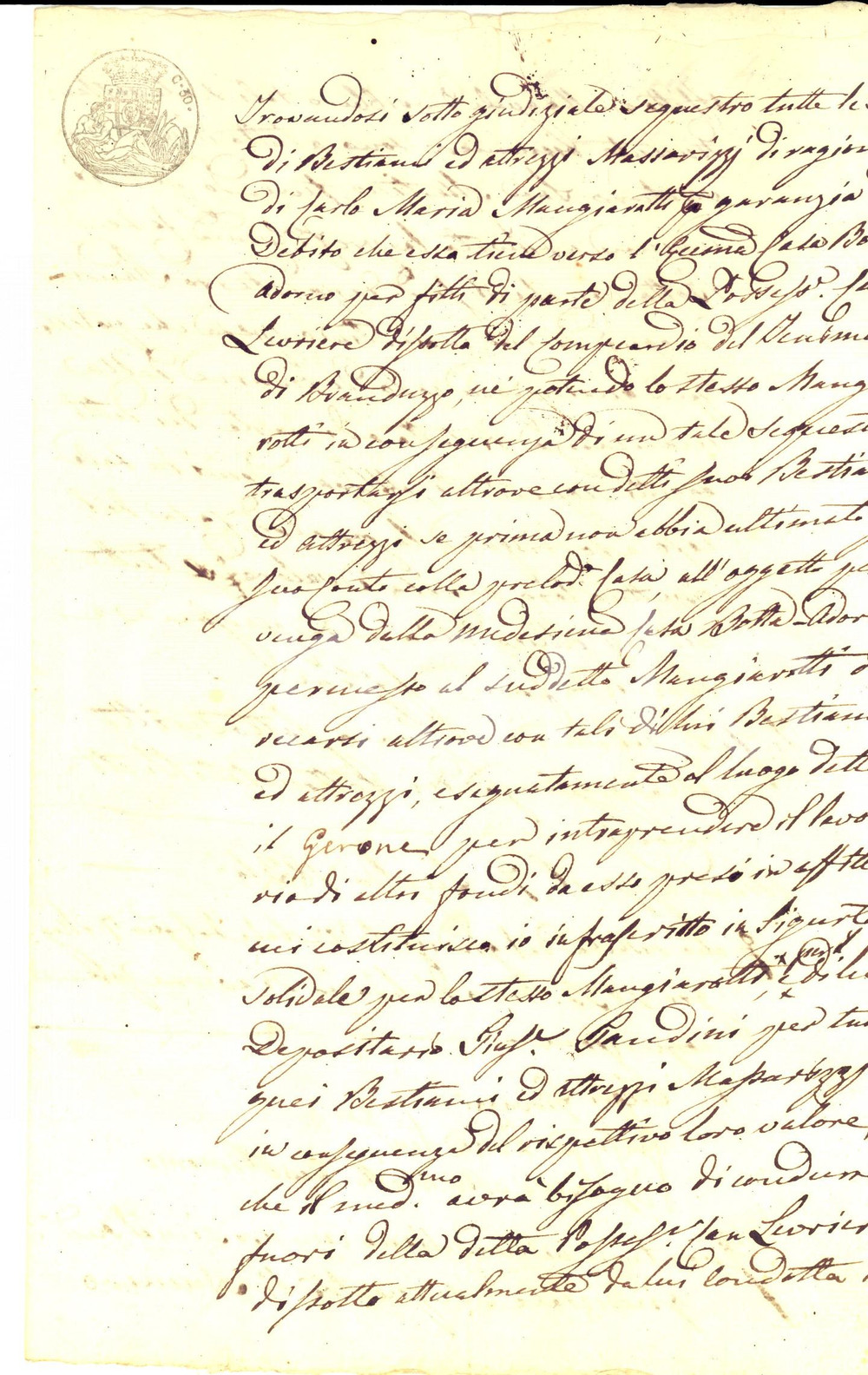 Documento originale, autentico 1834 BRANDUZZO (PV) Carlo Maria MANGIAROTTI bloccato da sequestro attrezzi 1