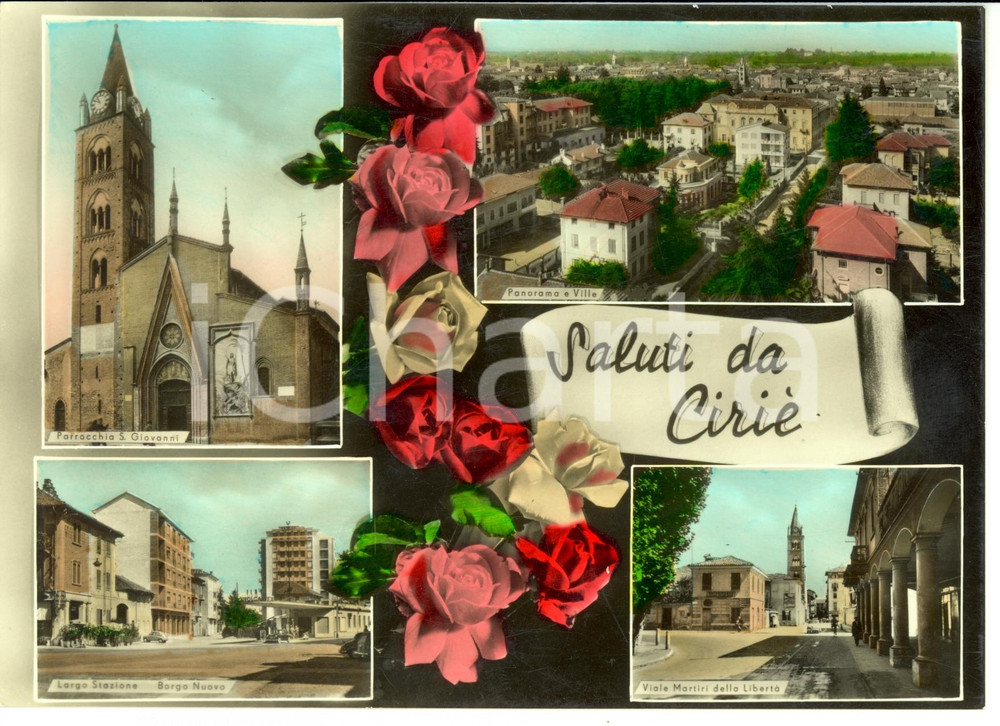Cartolina originale da collezione 1950 ca CIRIE' (TO) Vedutine con parrocchia SAN GIOVANNI e stazione FG NV 1