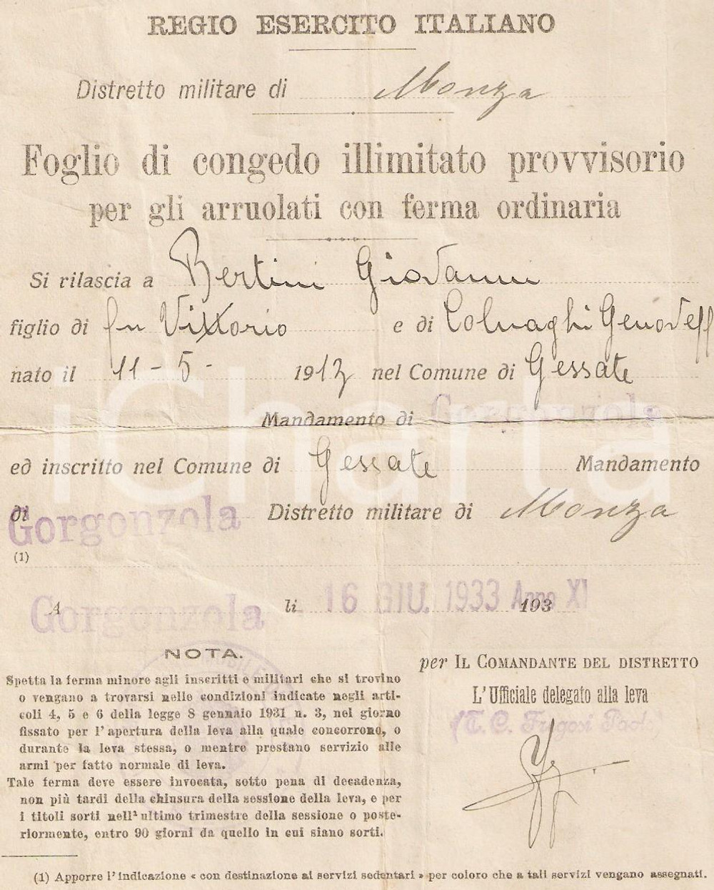 Documento originale, autentico 1933 GORGONZOLA MI Congedo illimitato Giovanni BERTINI 1