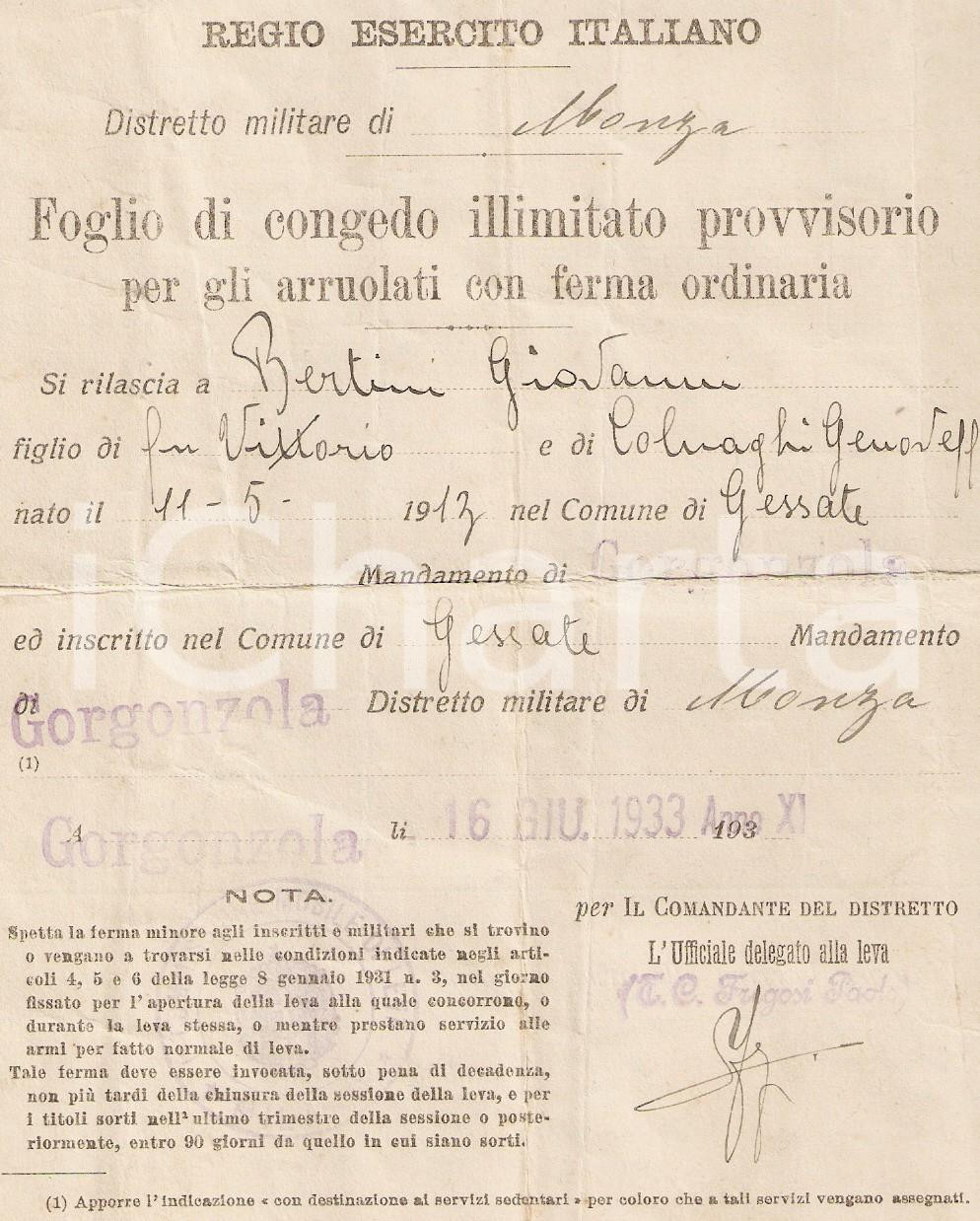 Documento originale, autentico 1933 GORGONZOLA MI Congedo illimitato Giovanni BERTINI 1
