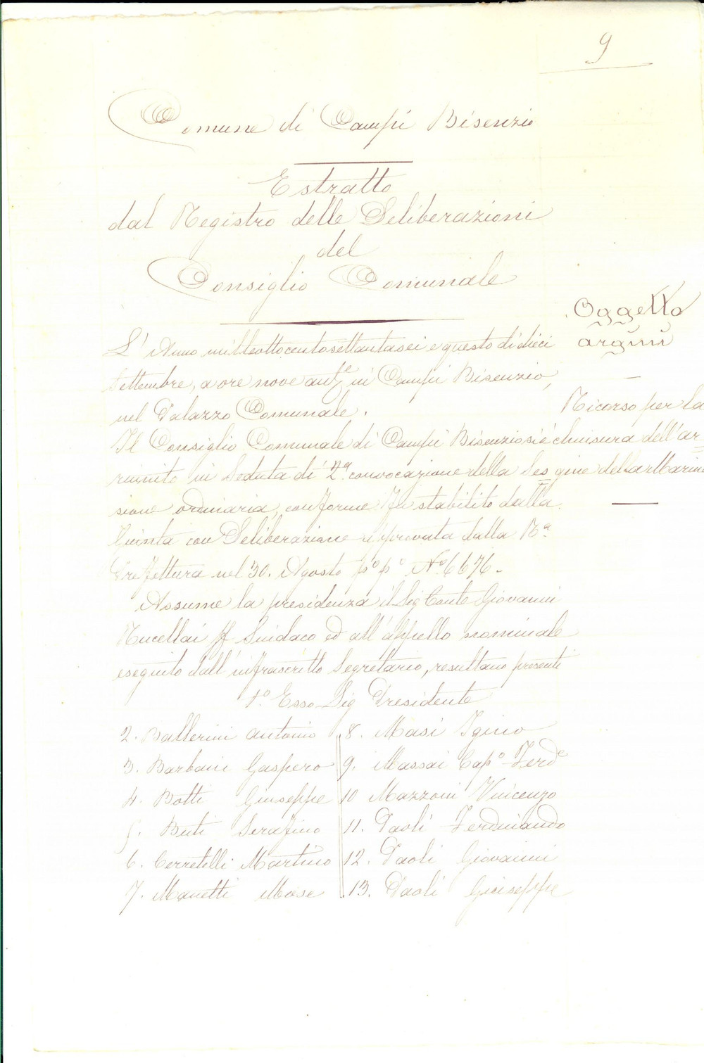 Documento originale, autentico 1876 CAMPI BISENZIO Consiglio Comunale su chiusura passaggio TORRENTE MARINA 1